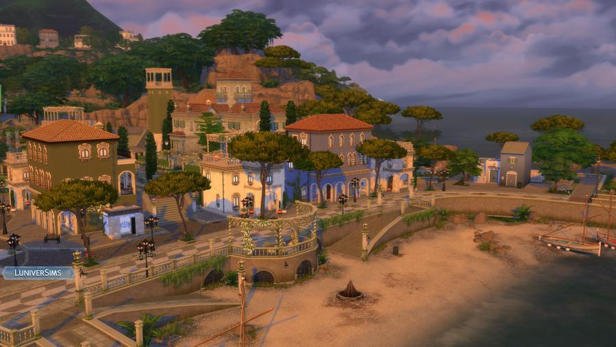 Les-Sims-4-Héritage-et-Royauté-Découvrez-le-monde-de-Ondarion-verdemar-vue-quartier- plage