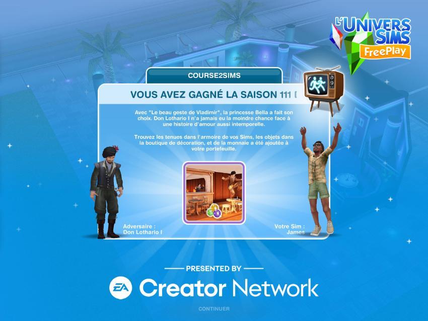 Sims Freeplay - Course2Sims Saison 111 - amour -problématique -félicitations.jpg