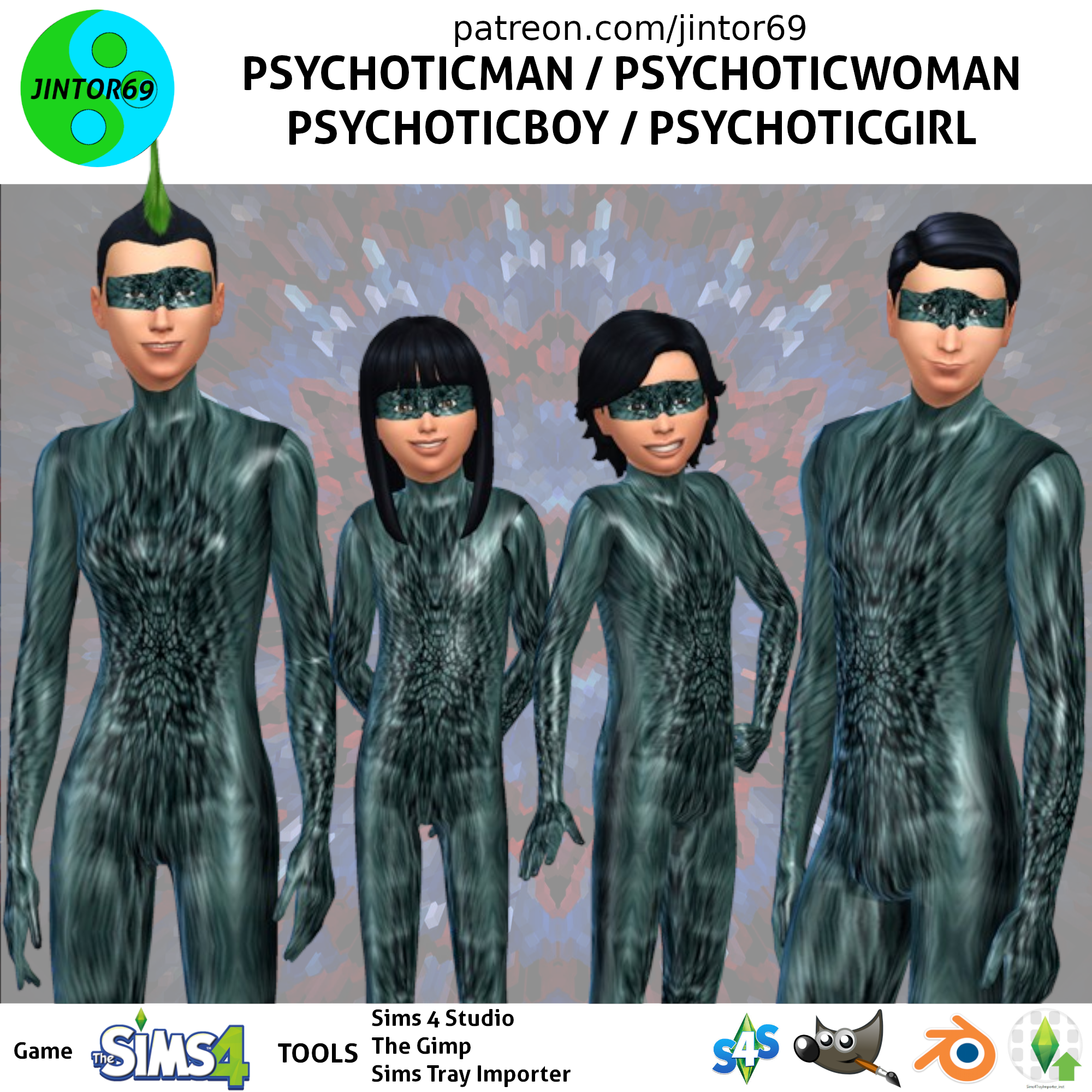 PsychoticMan / PsychoticWoman / PsychoticBoy / PsychoticGirl tights costume suits for sims 4